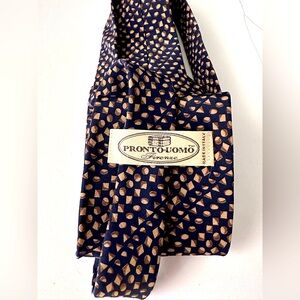 Pronto Uomo Italian Silk Tie Navy Beige Khaki Geometric Design